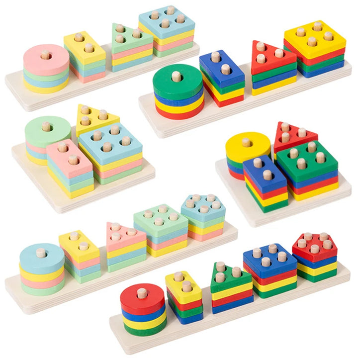 Blocos de Encaixe Montessori em Madeira – Jogo Educativo de Formas e Cores