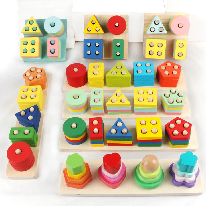 Blocos de Encaixe Montessori em Madeira – Jogo Educativo de Formas e Cores