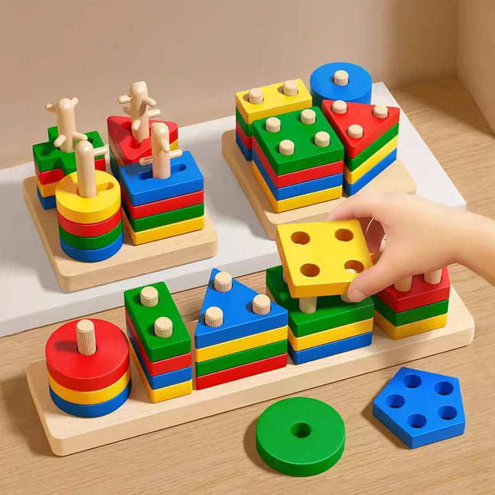 Blocos de Encaixe Montessori em Madeira – Jogo Educativo de Formas e Cores