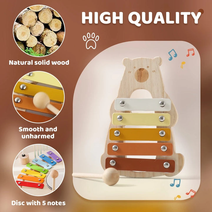 Xilofone Ursinho Montessori – Brinquedo Musical de Madeira para Bebés