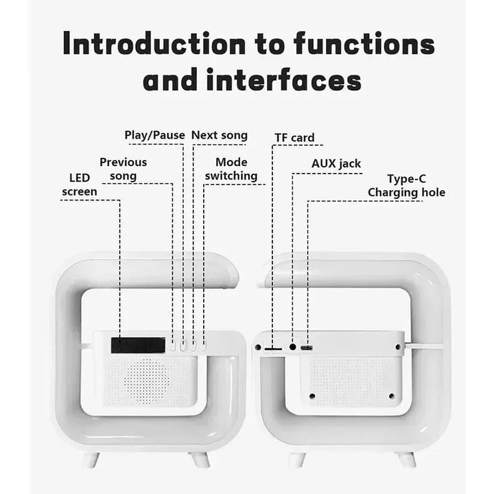 Suporte Carregador Sem Fios Multifuncional com Coluna Bluetooth 5.0