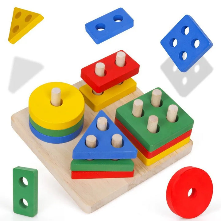 Blocos de Encaixe Montessori em Madeira – Jogo Educativo de Formas e Cores